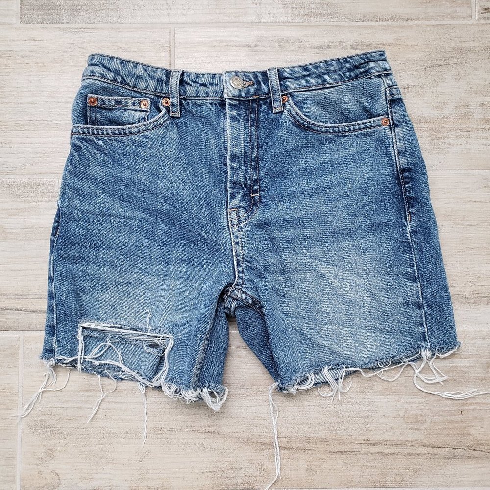Topshop Fray Bottom Cut Off Jean Shorts Women's Stretch Denim Medium Wash 28